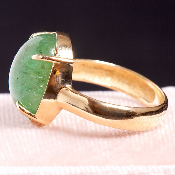18K Gold Natural Green Emerald Cabochon Ring SZ 7.5 – Vintage Statement Gemstone - Picture 4 of 6
